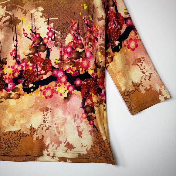 CItron Santa Monica Top Medium Pink Coral Tan Floral Blossom Art Print Stretch - Picture 7 of 13